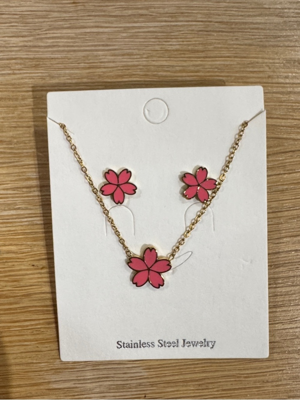 Pink Flower Stainless Steel Necklace & Earring Set